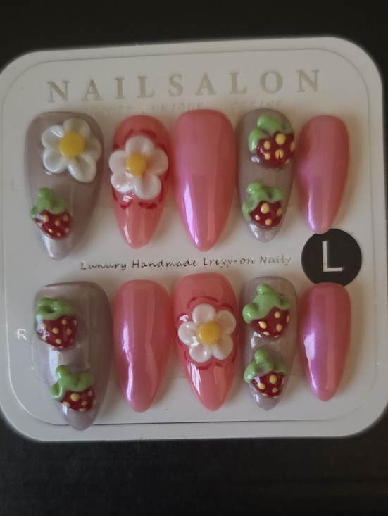 None Other - Pink Floral & Strawberry  Press-On Nail Set Large1 Set